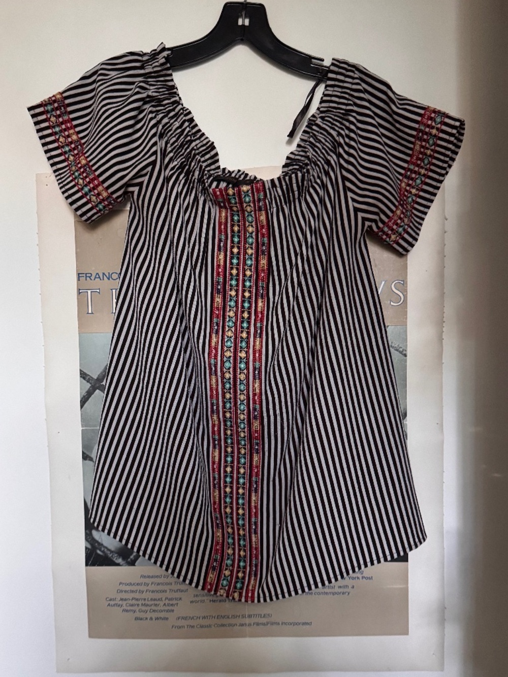 THML Black White Striped Embroidered Peasant Tunic Top